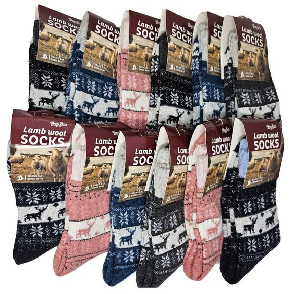 Women Lamb Wool Socks Warm Winter Christmas Reindeers, 12 PAIRS, NEW
